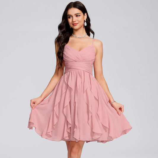 Charming Chiffon A-Line V-Neck Spaghetti Strap Zipper Back Short Ruffled Homecoming Dresses