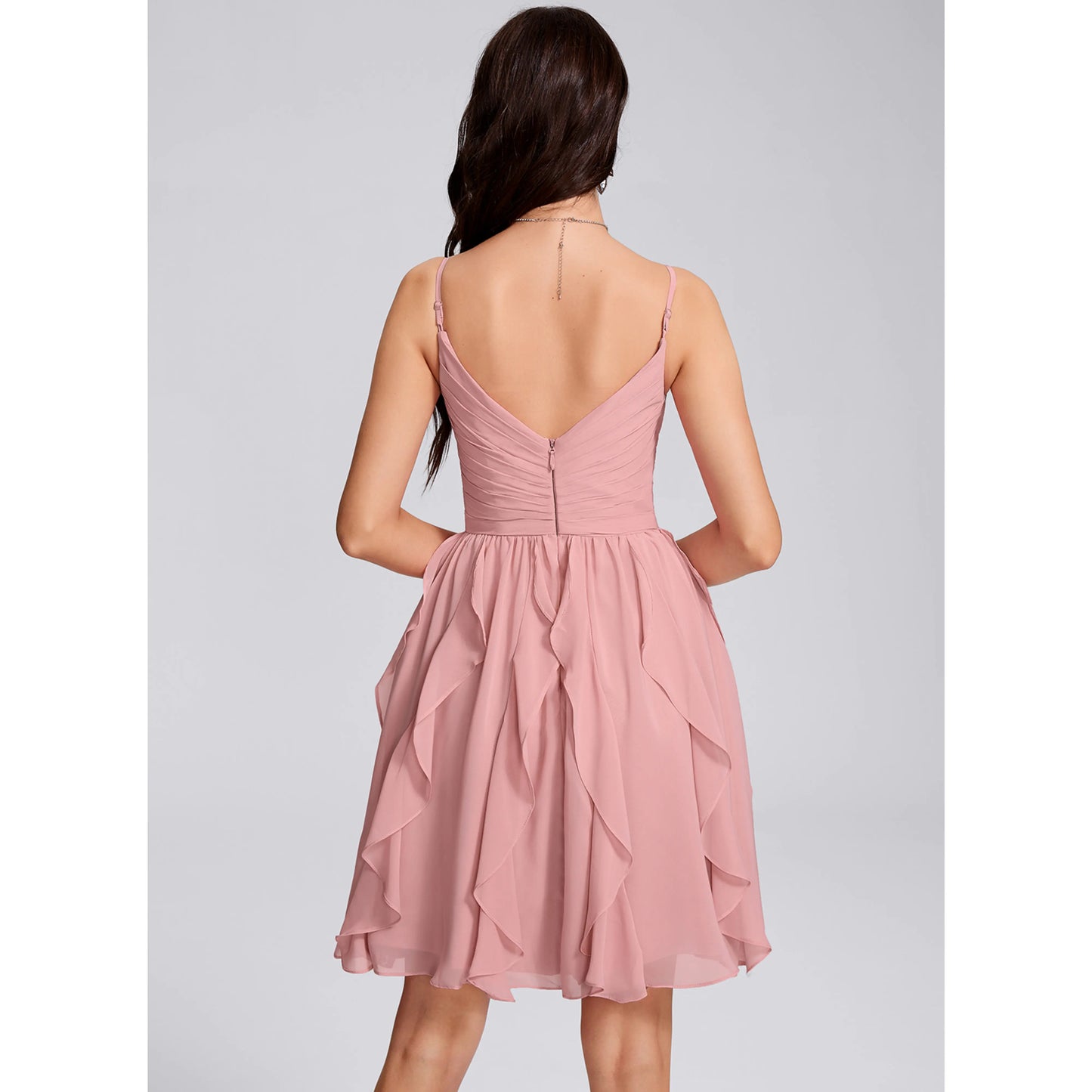Charming Chiffon A-Line V-Neck Spaghetti Strap Zipper Back Short Ruffled Homecoming Dresses