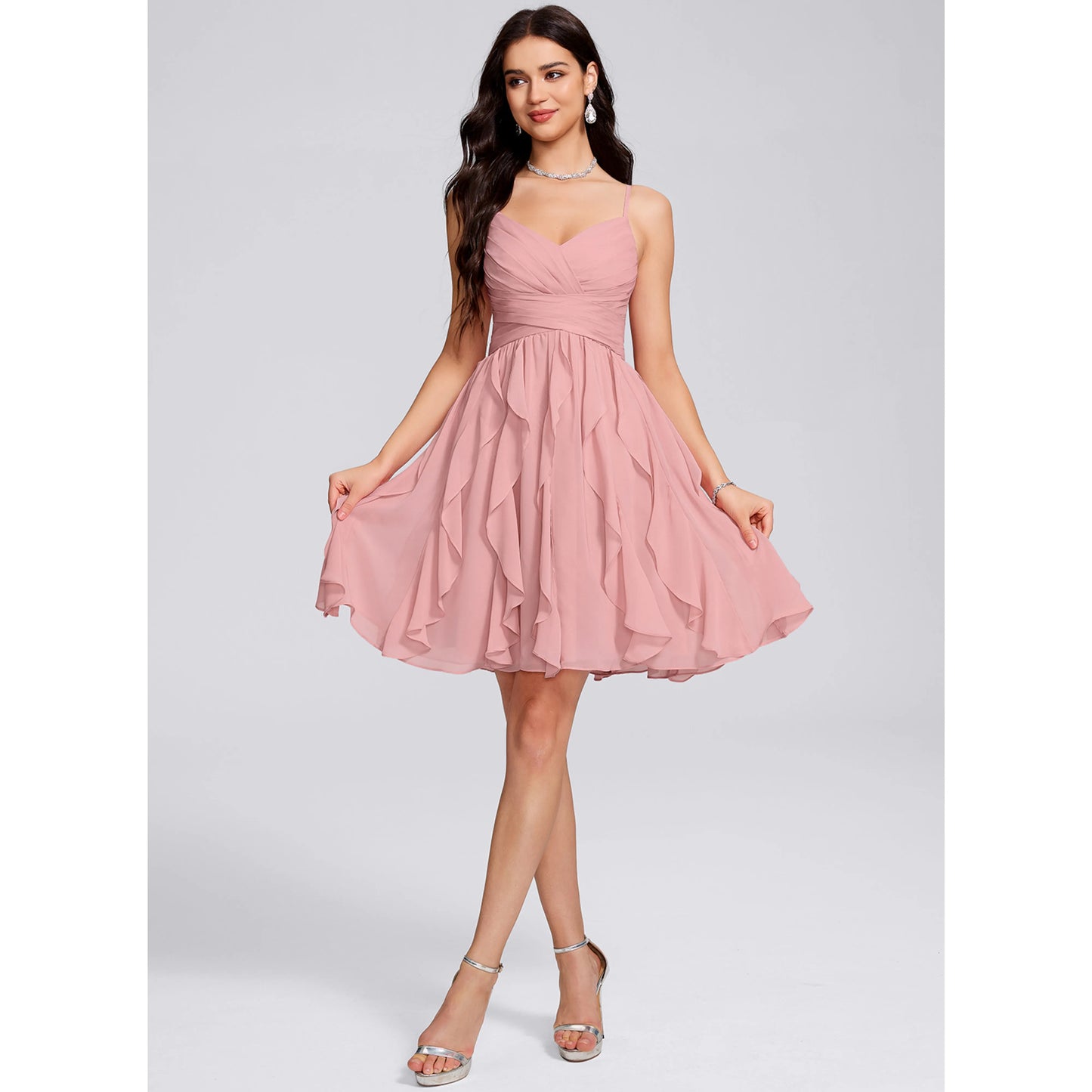 Charming Chiffon A-Line V-Neck Spaghetti Strap Zipper Back Short Ruffled Homecoming Dresses