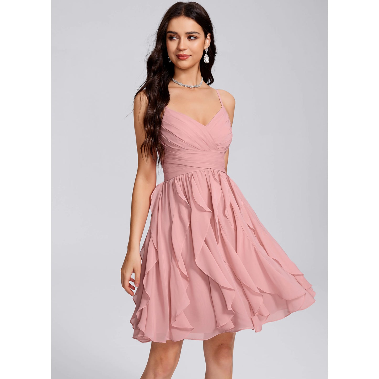 Charming Chiffon A-Line V-Neck Spaghetti Strap Zipper Back Short Ruffled Homecoming Dresses