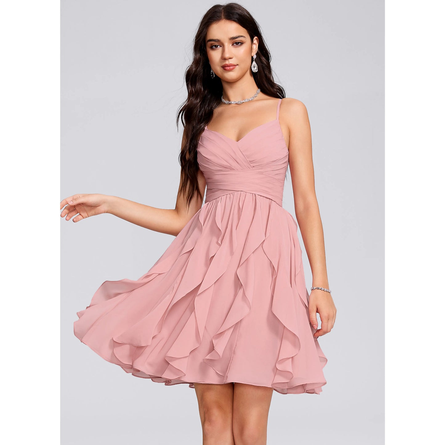 Charming Chiffon A-Line V-Neck Spaghetti Strap Zipper Back Short Ruffled Homecoming Dresses