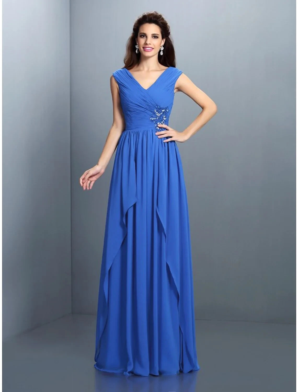 Charming Chiffon A-Line With Sleeves V-Neck Cap Sleeves V-Back Floor-Length Prom Dresses