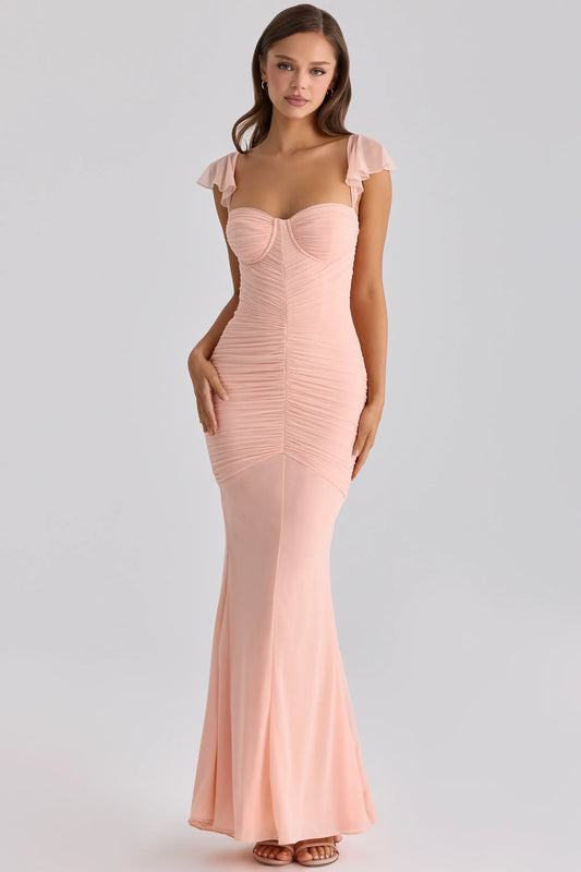 Charming Chiffon Mermaid Sweetheart Ruffled Cap Sleeves Zipper Back Floor-Length Evening Dresses