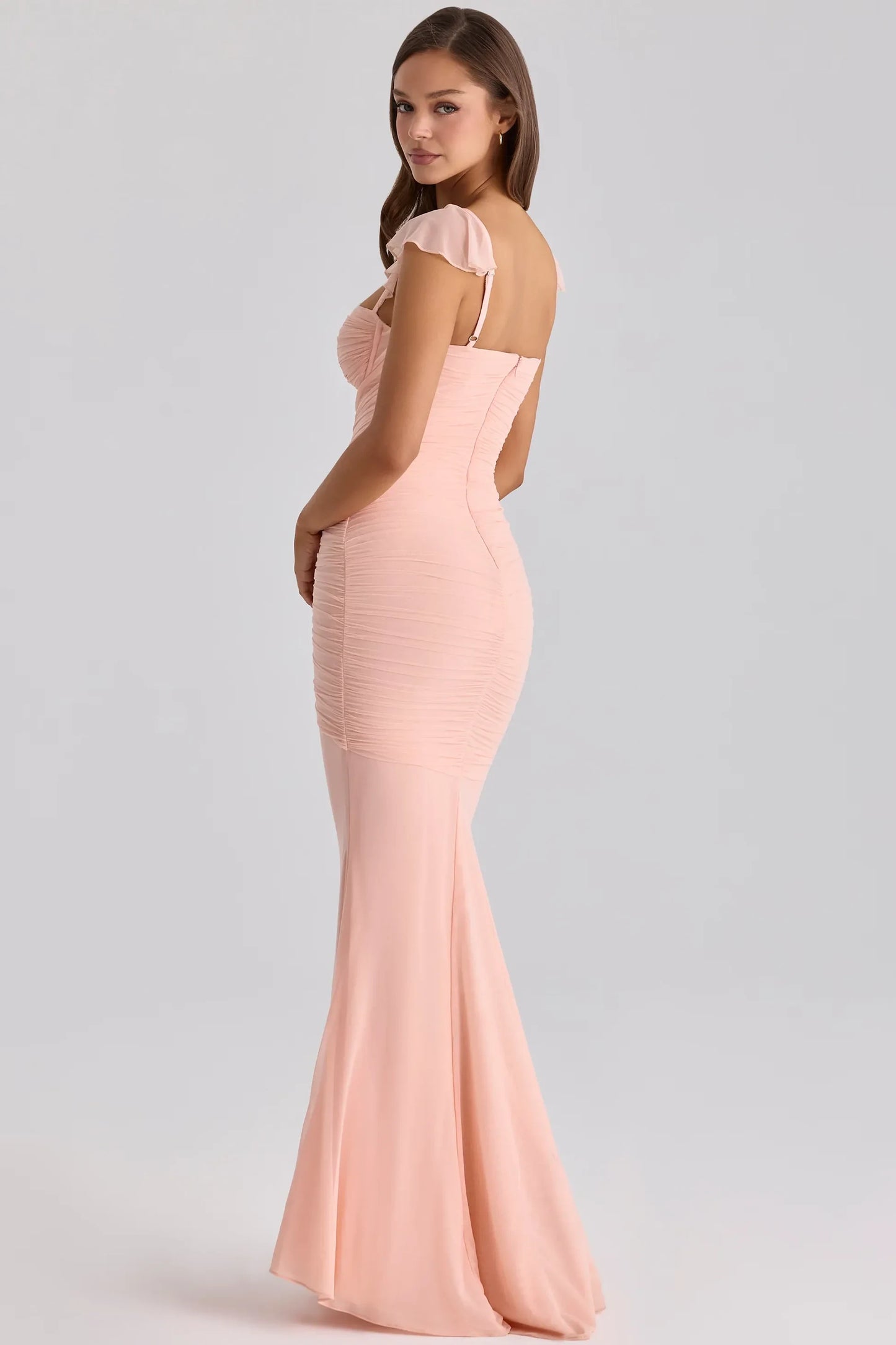 Charming Chiffon Mermaid Sweetheart Ruffled Cap Sleeves Zipper Back Floor-Length Evening Dresses