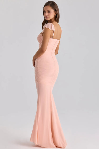 Charming Chiffon Mermaid Sweetheart Ruffled Cap Sleeves Zipper Back Floor-Length Evening Dresses
