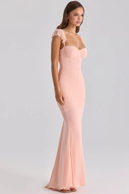 Charming Chiffon Mermaid Sweetheart Ruffled Cap Sleeves Zipper Back Floor-Length Evening Dresses