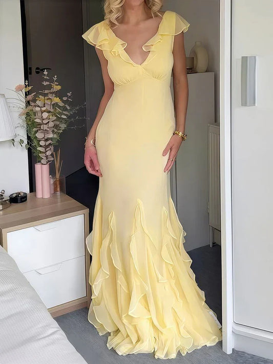 Charming Chiffon Mermaid With Sleeves V-Neck Ruffled Cap Sleeves V-Back Floor-Length Prom Dresses