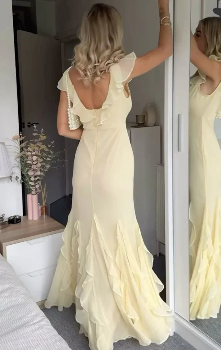 Charming Chiffon Mermaid With Sleeves V-Neck Ruffled Cap Sleeves V-Back Floor-Length Prom Dresses