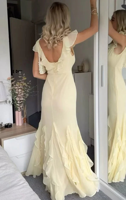 Charming Chiffon Mermaid With Sleeves V-Neck Ruffled Cap Sleeves V-Back Floor-Length Prom Dresses