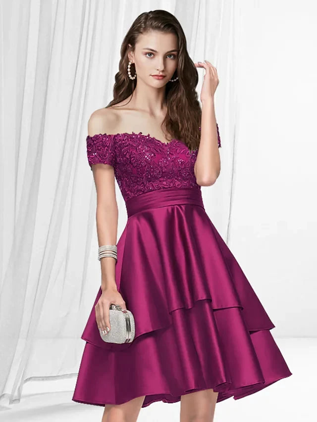 Charming Lace A-Line Off-Shoulder Short Sleeve Zipper Back Short Homecoming Dresses