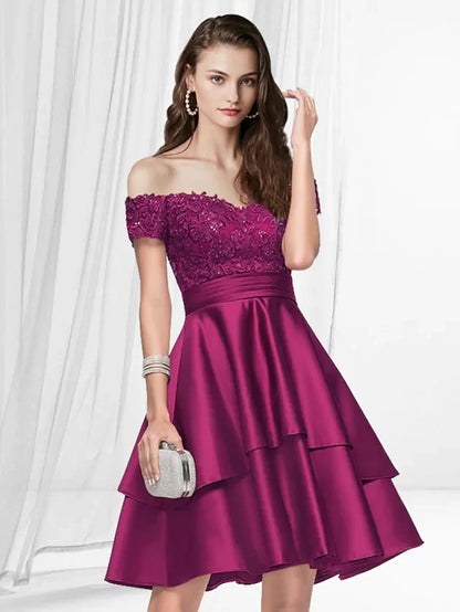 Charming Lace A-Line Off-Shoulder Short Sleeve Zipper Back Short Homecoming Dresses