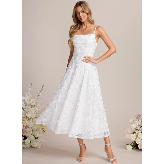 Charming Lace A-Line Square Neck Spaghetti Strap Lace-Up Back Midi Homecoming Dresses