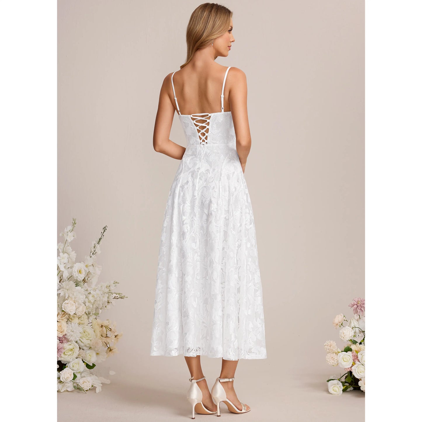 Charming Lace A-Line Square Neck Spaghetti Strap Lace-Up Back Midi Homecoming Dresses