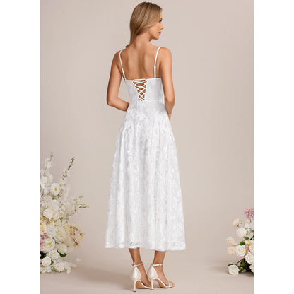 Charming Lace A-Line Square Neck Spaghetti Strap Lace-Up Back Midi Homecoming Dresses