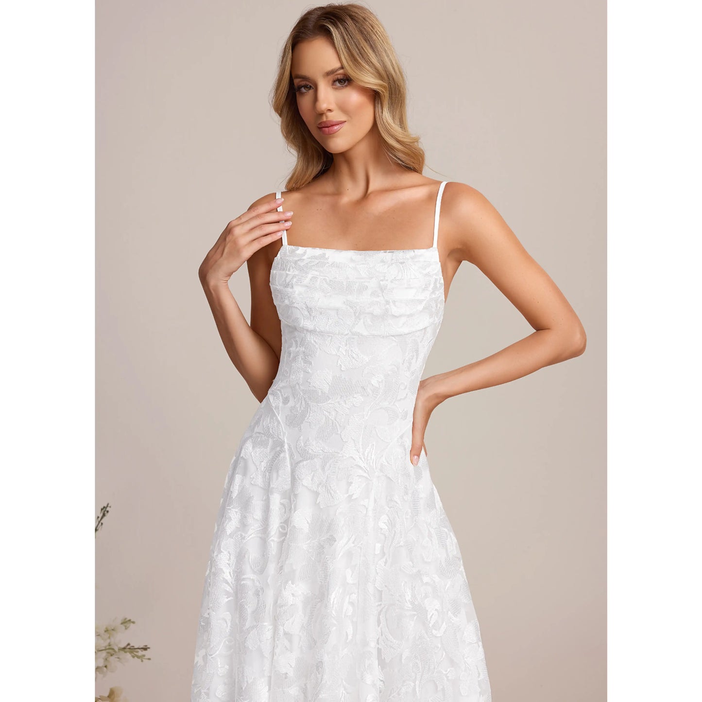 Charming Lace A-Line Square Neck Spaghetti Strap Lace-Up Back Midi Homecoming Dresses