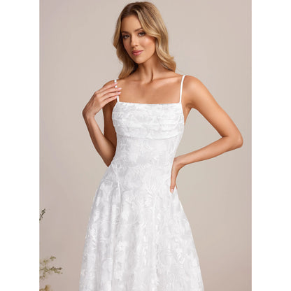 Charming Lace A-Line Square Neck Spaghetti Strap Lace-Up Back Midi Homecoming Dresses