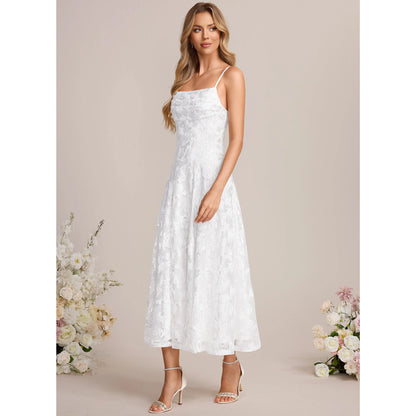 Charming Lace A-Line Square Neck Spaghetti Strap Lace-Up Back Midi Homecoming Dresses