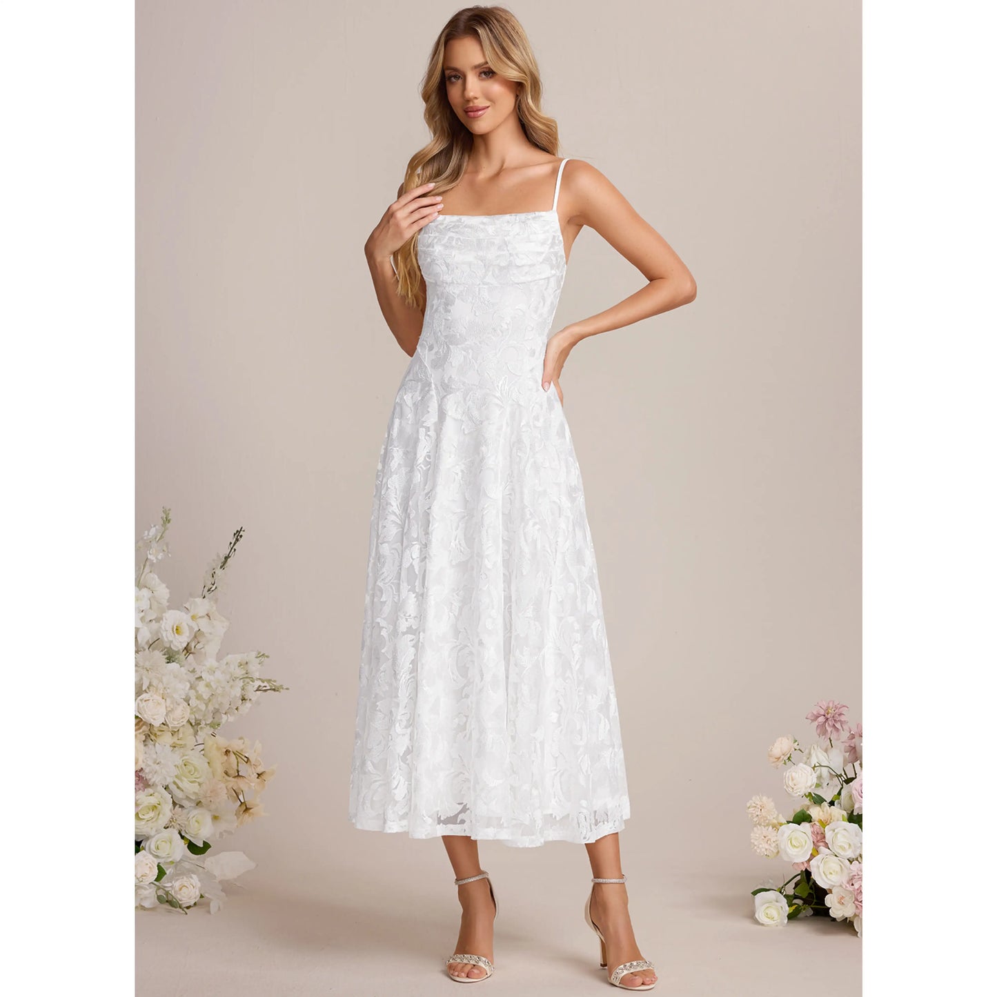Charming Lace A-Line Square Neck Spaghetti Strap Lace-Up Back Midi Homecoming Dresses