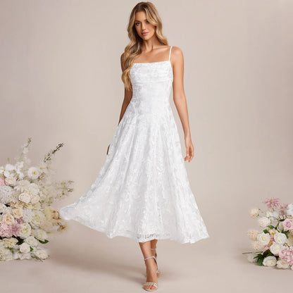 Charming Lace A-Line Square Neck Spaghetti Strap Lace-Up Back Midi Homecoming Dresses