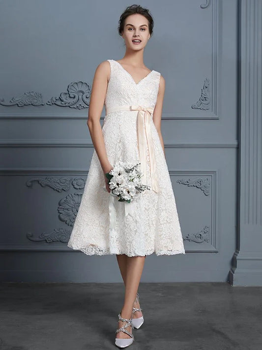 Elegant Lace A-Line V-Neck V-Back Tea-Length Bridal Gown