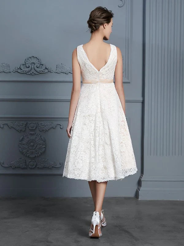 Elegant Lace A-Line V-Neck V-Back Tea-Length Bridal Gown