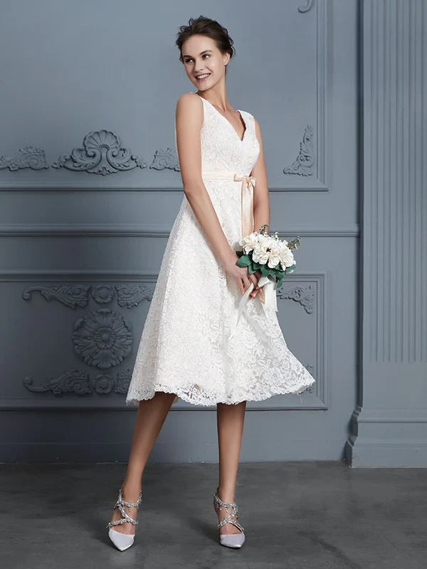 Elegant Lace A-Line V-Neck V-Back Tea-Length Bridal Gown