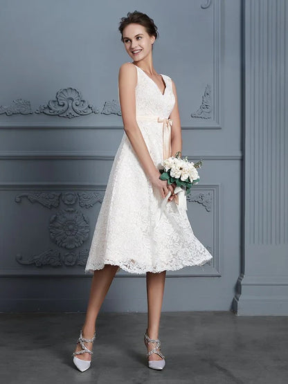 Elegant Lace A-Line V-Neck V-Back Tea-Length Bridal Gown