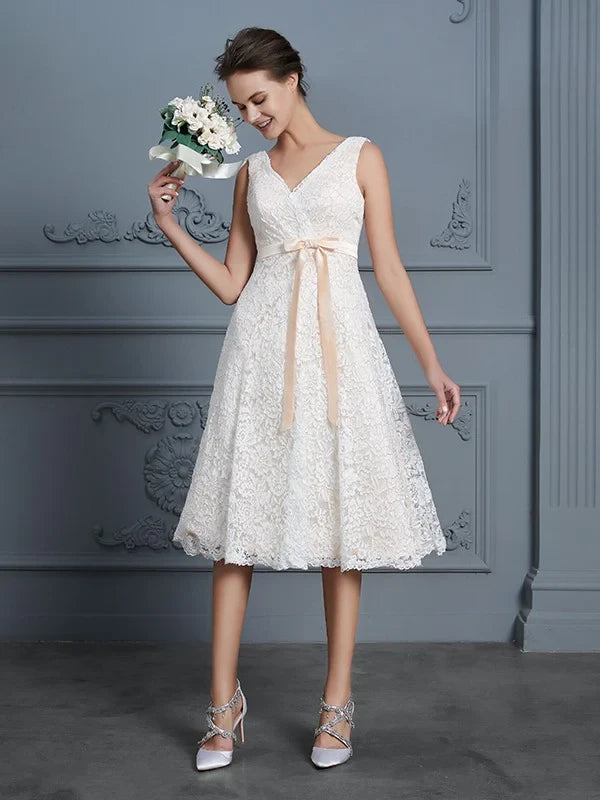 Elegant Lace A-Line V-Neck V-Back Tea-Length Bridal Gown