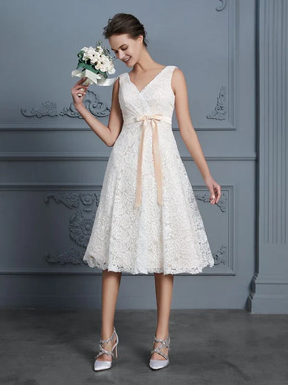 Elegant Lace A-Line V-Neck V-Back Tea-Length Bridal Gown
