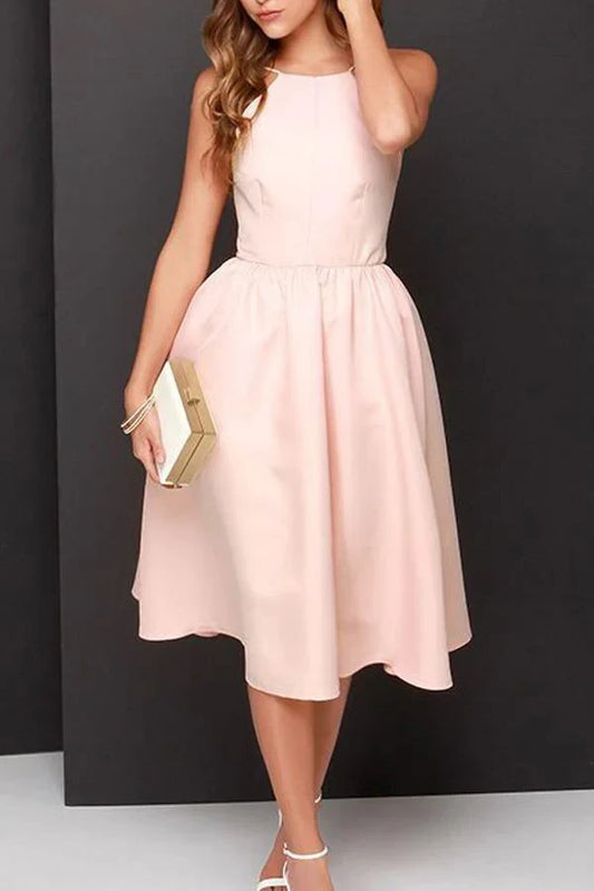Charming Satin A-Line Jewel Neck Sleeveless Open Back Tea-Length Homecoming Dresses