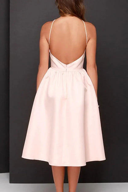 Charming Satin A-Line Jewel Neck Sleeveless Open Back Tea-Length Homecoming Dresses