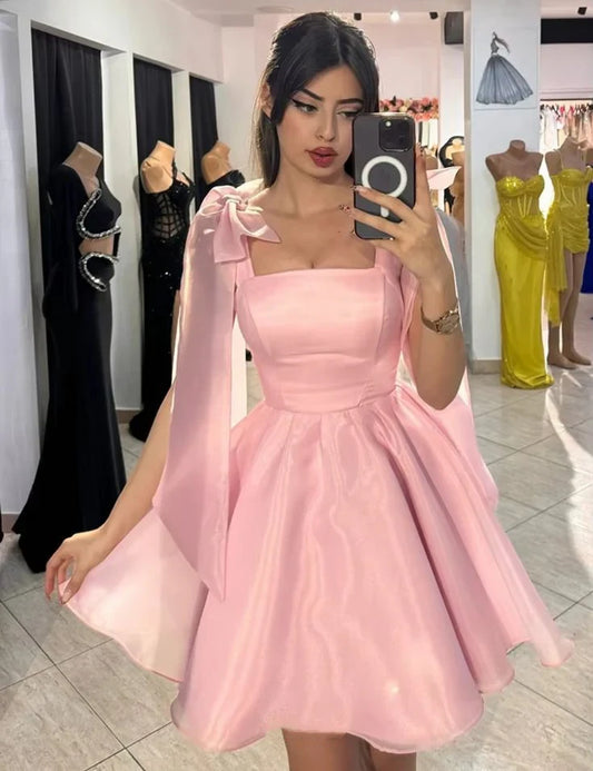 Charming Satin A-Line Square Neck Bow Shoulder Cape Sleeves Lace-Up Back Mini Homecoming Dresses