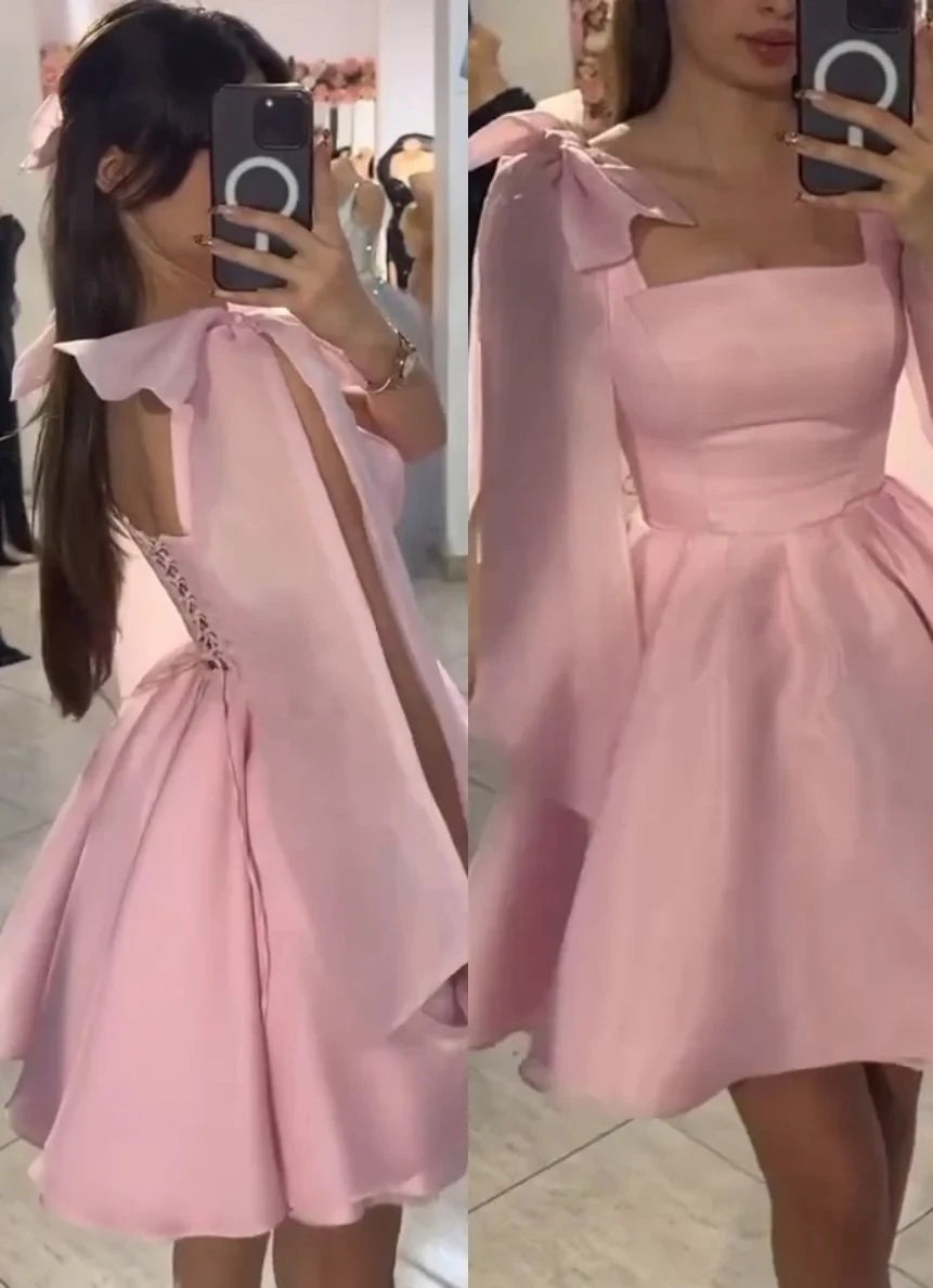 Charming Satin A-Line Square Neck Bow Shoulder Cape Sleeves Lace-Up Back Mini Homecoming Dresses