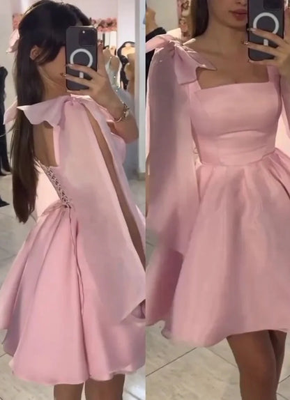 Charming Satin A-Line Square Neck Bow Shoulder Cape Sleeves Lace-Up Back Mini Homecoming Dresses
