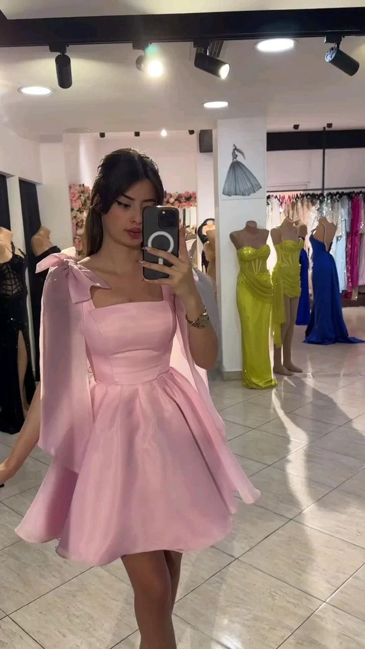 Charming Satin A-Line Square Neck Bow Shoulder Cape Sleeves Lace-Up Back Mini Homecoming Dresses