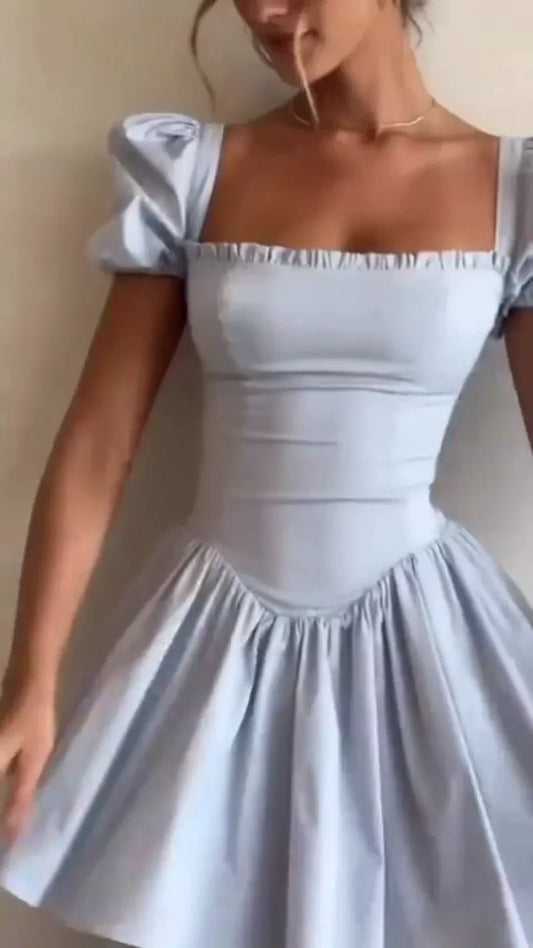 Charming Satin A-Line Square Neck Puff Sleeve Zipper Back Mini Homecoming Dresses