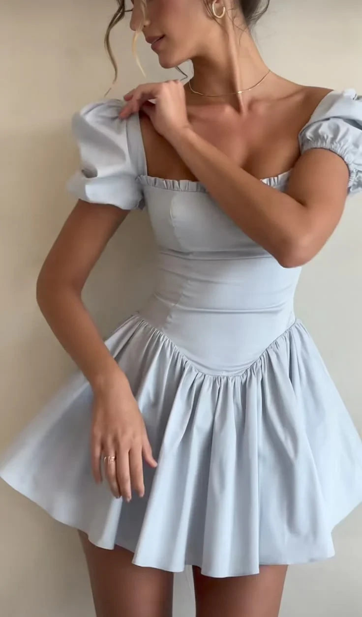 Charming Satin A-Line Square Neck Puff Sleeve Zipper Back Mini Homecoming Dresses