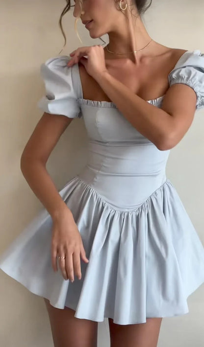 Charming Satin A-Line Square Neck Puff Sleeve Zipper Back Mini Homecoming Dresses
