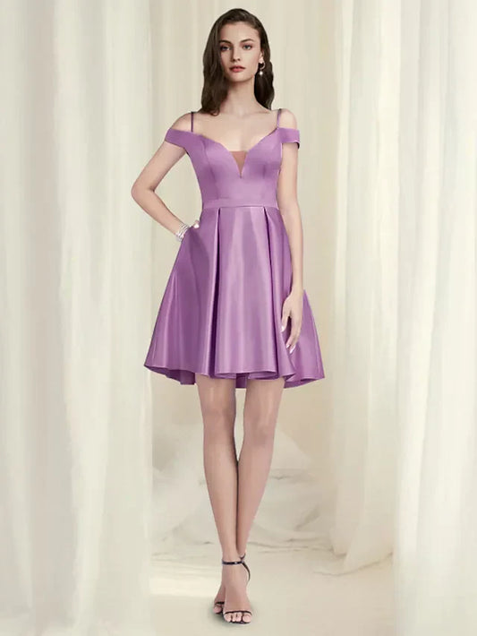 Charming Satin A-Line Sweetheart Off-Shoulder Bow Back Short Homecoming Dresses