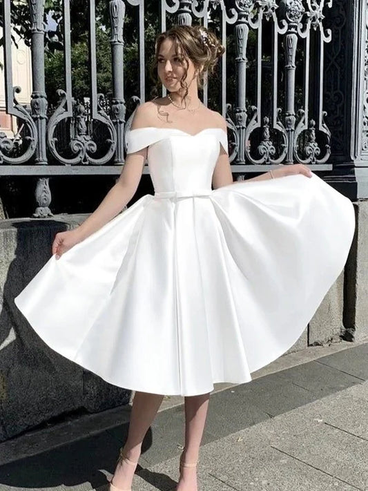 Elegant Satin A-Line Sweetheart Off-Shoulder Lace-Up Back Tea-Length Wedding Dress
