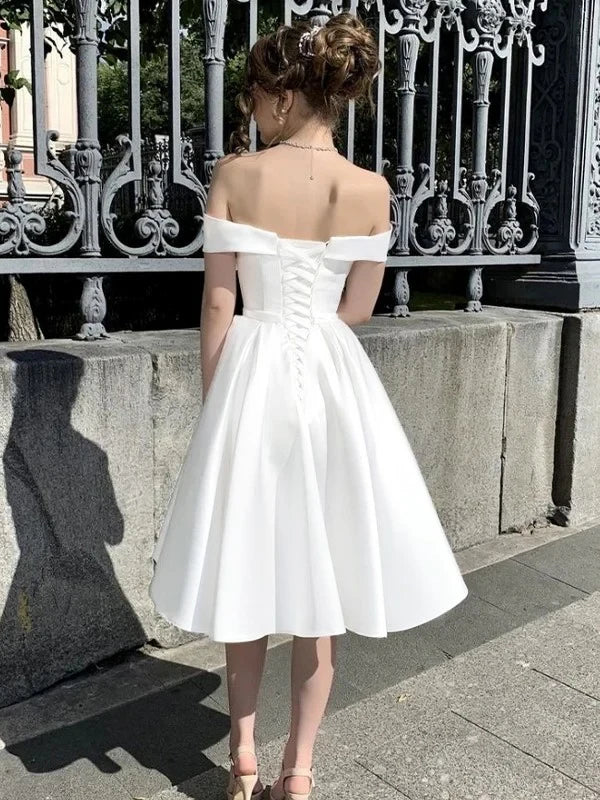 Elegant Satin A-Line Sweetheart Off-Shoulder Lace-Up Back Tea-Length Wedding Dress