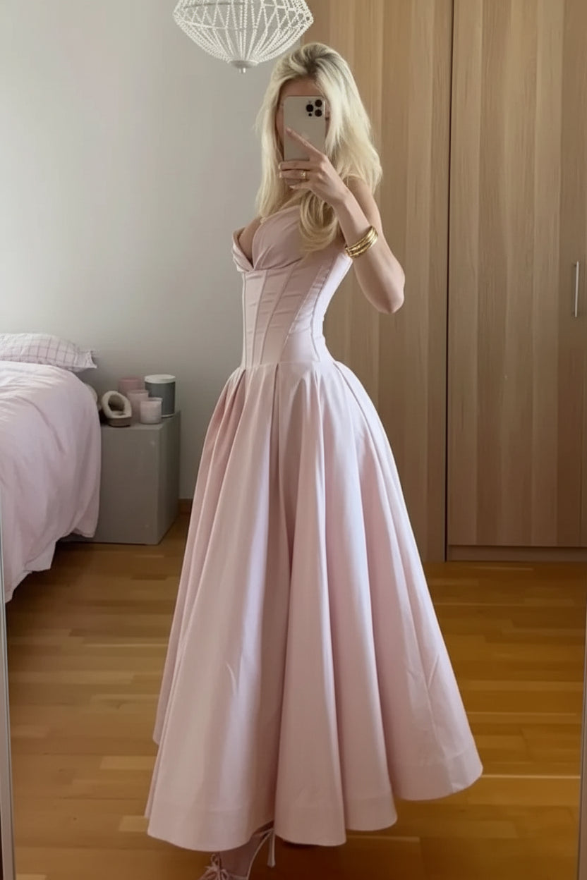 Charming Satin A-Line Sweetheart Strapless Corset Back Midi Evening Dresses