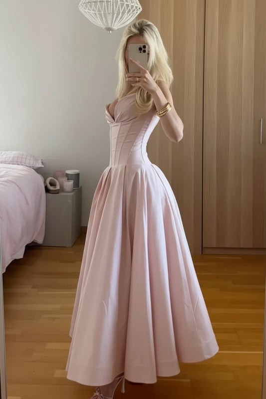 Charming Satin A-Line Sweetheart Strapless Corset Back Midi Evening Dresses