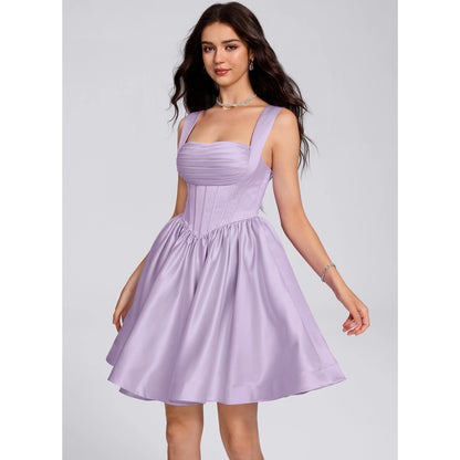 Charming Satin A-Line Sweetheart with Wide Straps Sleeveless Open Back Tie-Bow Mini Homecoming Dresses