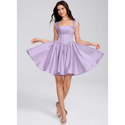 Charming Satin A-Line Sweetheart with Wide Straps Sleeveless Open Back Tie-Bow Mini Homecoming Dresses