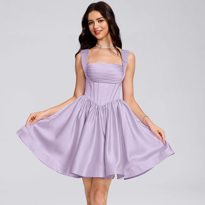 Charming Satin A-Line Sweetheart with Wide Straps Sleeveless Open Back Tie-Bow Mini Homecoming Dresses