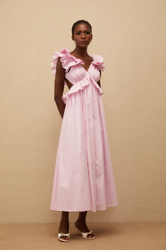 Charming Satin A-Line V-Neck Ruffled Sleeves Open Back Tie Midi Length Homecoming Dresses
