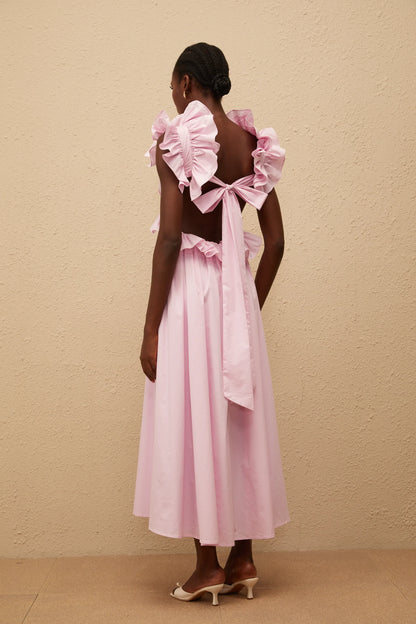 Charming Satin A-Line V-Neck Ruffled Sleeves Open Back Tie Midi Length Homecoming Dresses