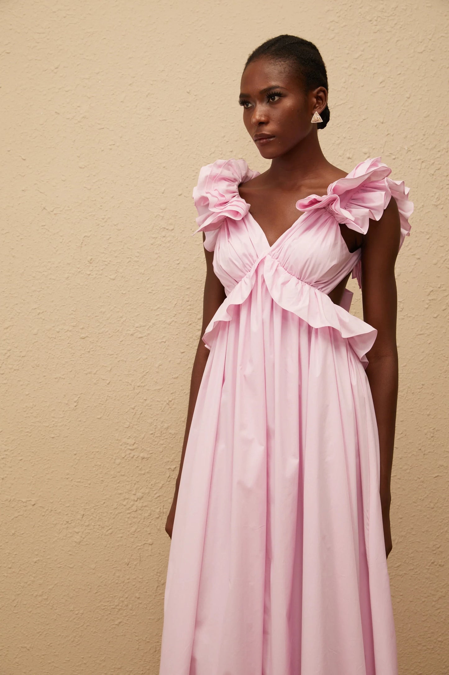 Charming Satin A-Line V-Neck Ruffled Sleeves Open Back Tie Midi Length Homecoming Dresses