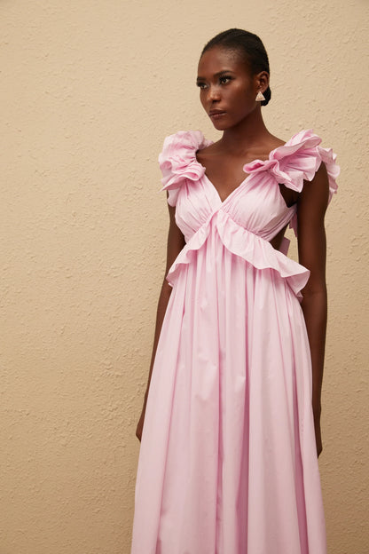 Charming Satin A-Line V-Neck Ruffled Sleeves Open Back Tie Midi Length Homecoming Dresses